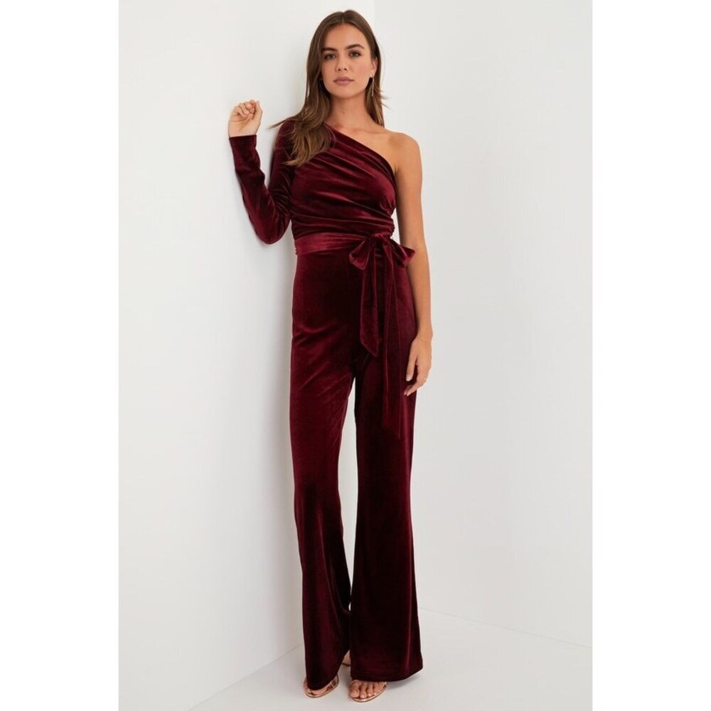 Lulus Extraordinary Vibe Burgundy Velvet One-shoulder Jumpsuit Red - Size S